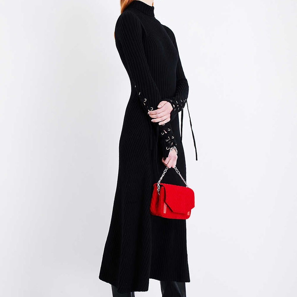 Maje Rafaela Ribbed Knit Lace-Up Sleeve Midi Dress